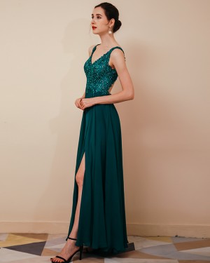 V-neck Green Beading Bodice Chiffon Evening Dress with Side Slit QS291042