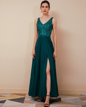 V-neck Green Beading Bodice Chiffon Evening Dress with Side Slit QS291042