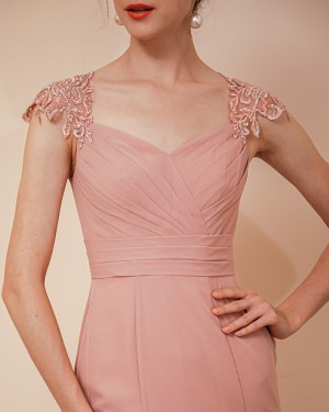 Square Neckline Peach Pink Ruched Mermaid Prom Dress QS291051