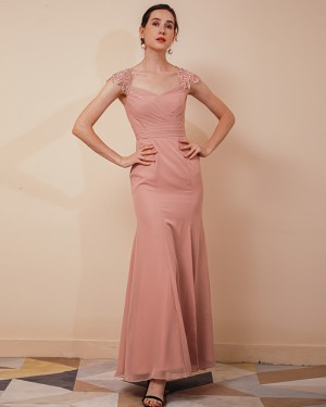 Square Neckline Peach Pink Ruched Mermaid Prom Dress QS291051