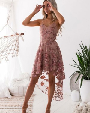 High Low Spaghetti Straps Floral Tulle Homecoming Dress HD3001