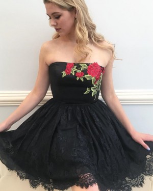 Short Appliqued Bodice Strapless Black Homecoming Dress with Lace Skirt HD3002