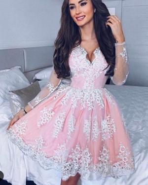 A-line Lace Pleated Pink V-neck Homecoming Dress with Long Sleeves HD3028