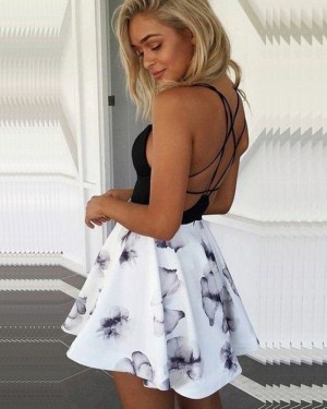 Simple Double Spaghetti Straps Satin Short Homecoming Dress with Printed Skirt HD3031