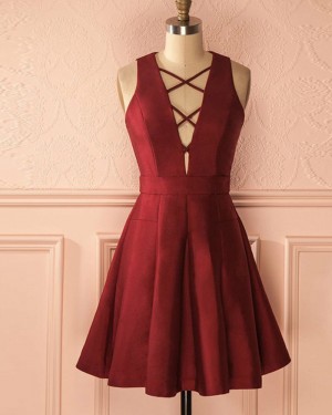 Simple Burgundy Satin Pleated Criss Cross Short Homecoming Dress HD3035