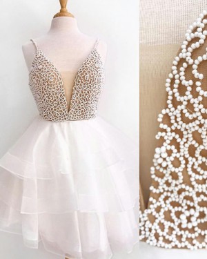 Ivory Beading Bodice Spaghetti Straps Homecoming Dress with Layered Tulle Skirt HD3044