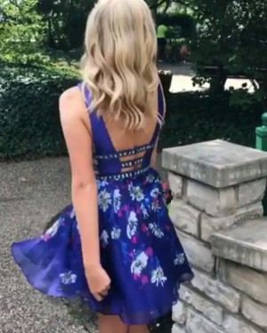 Royal Blue V-neck Cutout Satin Floral Print Homecoming Dress HD3074