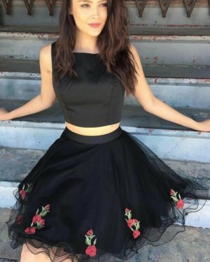 Black Satin Two Piece Homecoming Dress with Appliques HD3107