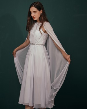 Beading White Chiffon Pleated Ankle Length Prom Dress with Hanging Sleeves QS311046