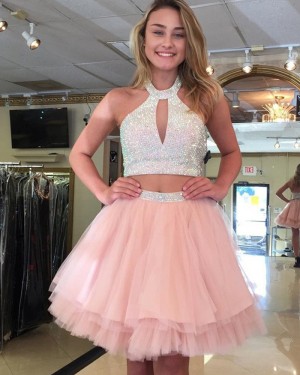 Two Piece High Neck Pink Cutout Beading Homecoming Dress HD3123