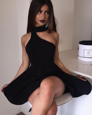 Sexy High Neck Asymmetric Black Satin Homecoming Dress HD3153