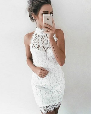 High Neck Ivory Sleeveless Lace Tight Party Dress HD3168