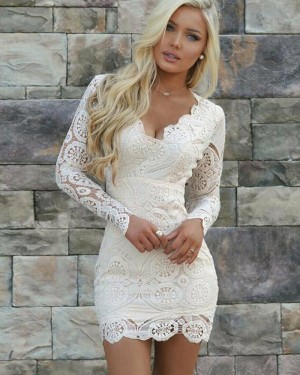 Ivory Lace Queen Anne Tight Party Dress with Long Sleeves HD3171