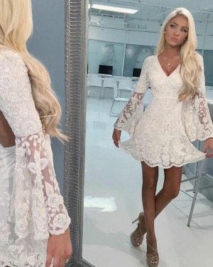 Ivory V-neck A-line Lace Homecoming Dress with Bell Sleeves HD3179