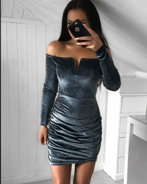 Black Velvet Cutout Off the Shoulder Tight Club Dress with Long Sleeves HD3219
