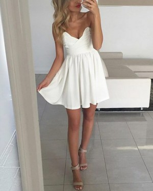 Simple Ruched Satin White V-neck Homecoming Dress with Pleats HD3223