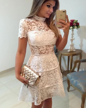 A-line High Neck White Lace Homecoming Dress with Short Sleeves HD3235