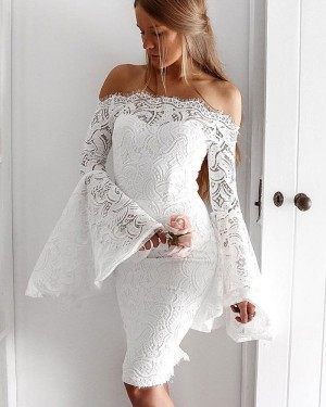 White Lace Knee Length Off the Shoulder Homecoming Dress with Bell Sleeves HD3254