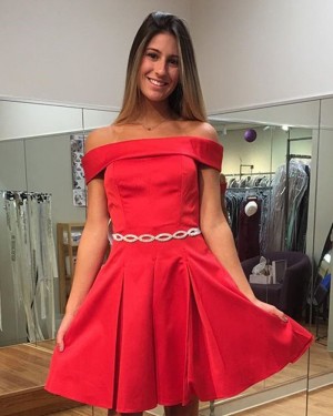 Simple Red Satin Off the Shoulder Homecoming Dress HD3255