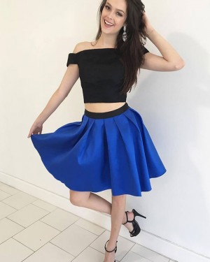 Black and Blue Satin Two Piece Off the Shoulder A-line Homecoming Dress HD3261