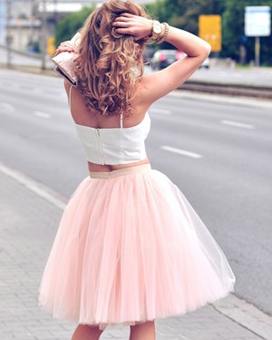 White and Pink Short Two Piece Square Party Dress with Tulle Skirt HD3269
