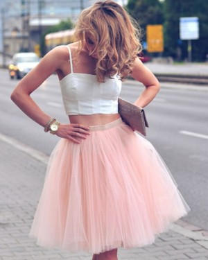 White and Pink Short Two Piece Square Party Dress with Tulle Skirt HD3269