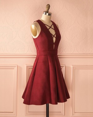 Simple Burgundy Short Crisscross Satin Formal Dress HD3274