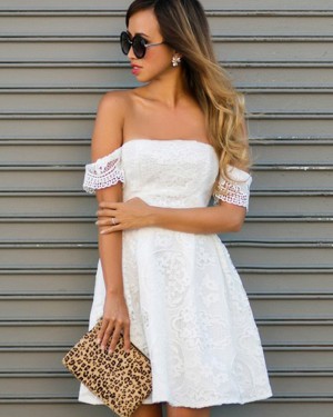 White Lace A-line Off the Shoulder Short Homecoming Dress HD3288