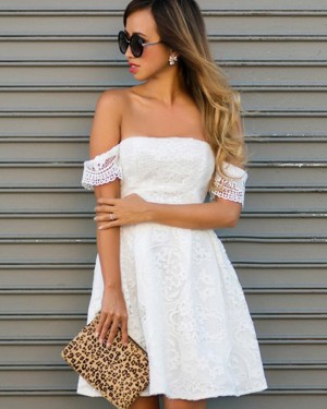 White Lace A-line Off the Shoulder Short Homecoming Dress HD3288