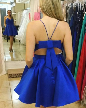 Simple Blue Pleated V-neck Royal Homecoming Dress with Pockets HD3292