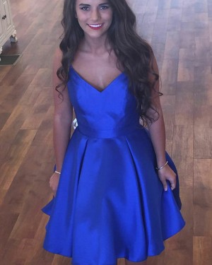 Simple Blue Pleated V-neck Royal Homecoming Dress with Pockets HD3292