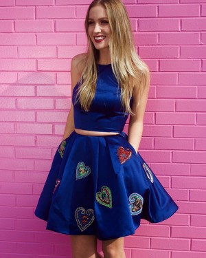 Blue Jewel Appliqued Two Piece Homecoming Dress with Pockets HD3293