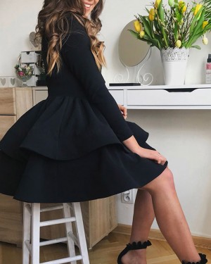 Simple Black Satin Layered Homecoming Dress with Long Sleeves HD3294