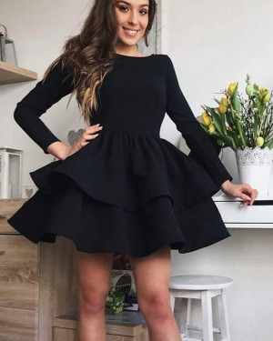 Simple Black Satin Layered Homecoming Dress with Long Sleeves HD3294