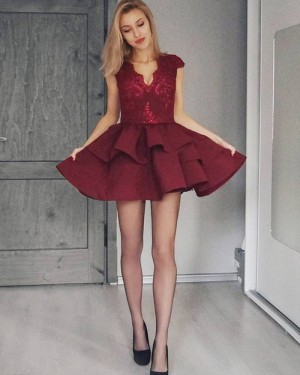 Lace Bodice Satin V-neck Burgundy Homecoming Dress with Layered Skirt HD3299