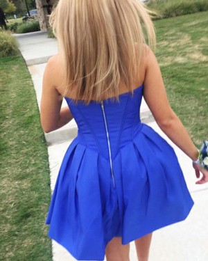 Simple Blue Pleated Sweetheart Satin Homecoming Dress HD3304