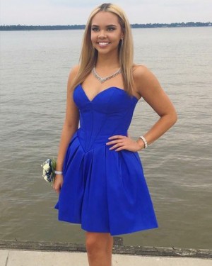 Simple Blue Pleated Sweetheart Satin Homecoming Dress HD3304