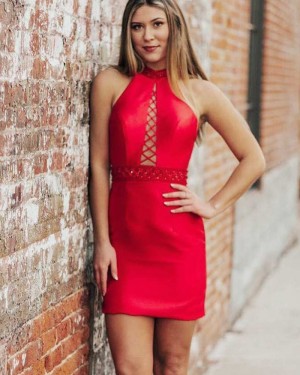 Red Satin Tight High Neck Cutout Club Dress with Beading HD3308