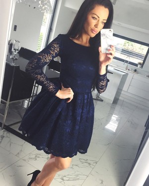 A-line Jewel Navy Blue Lace Homecoming Dress with Long Sleeves HD3324