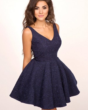 Blue Pleated A-line V-neck Navy Lace Homecoming Dress HD3325