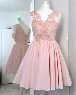 Pink Lace V-neck Applique Bodice Satin Homecoming Dress HD3327