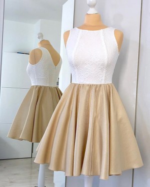White and Brown Jewel Lace Bodice Homecoming Dress with Pleating HD3329