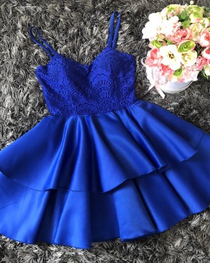 Royal Blue Lace Spaghetti Straps Bodice Homecoming Dress with Layered Skirt HD3330