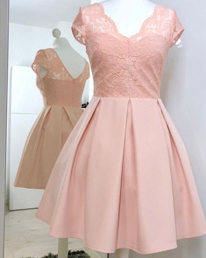 Pink Pleated Short V-neck Lace A-line Homecoming Dress HD3335