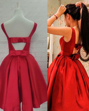 Scoop Red Satin Pleated Homecoming Dress with Bowknot HD3346