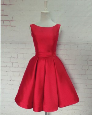 Scoop Red Satin Pleated Homecoming Dress with Bowknot HD3346