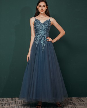 Navy Blue Applique Tulle Long Prom Dress QS351032