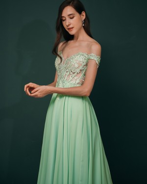 Off the Shoulder Mint Chiffon Applique Long Prom Dress QS351034