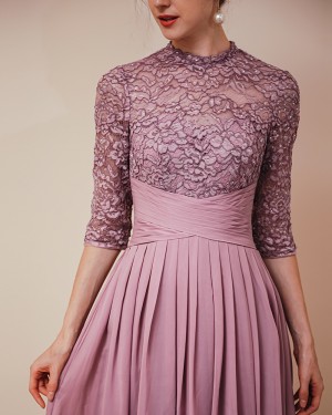 High Neck Purple Lace Chiffon Prom Dress with Half Length Sleeves QS351035