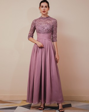 High Neck Purple Lace Chiffon Prom Dress with Half Length Sleeves QS351035